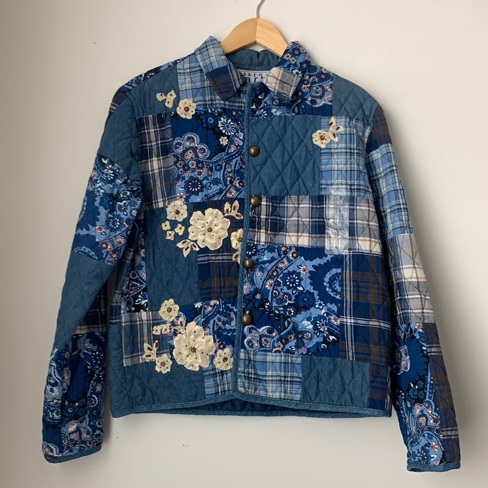 Quilted Blue Patchwork Jacket with Floral Appliqué